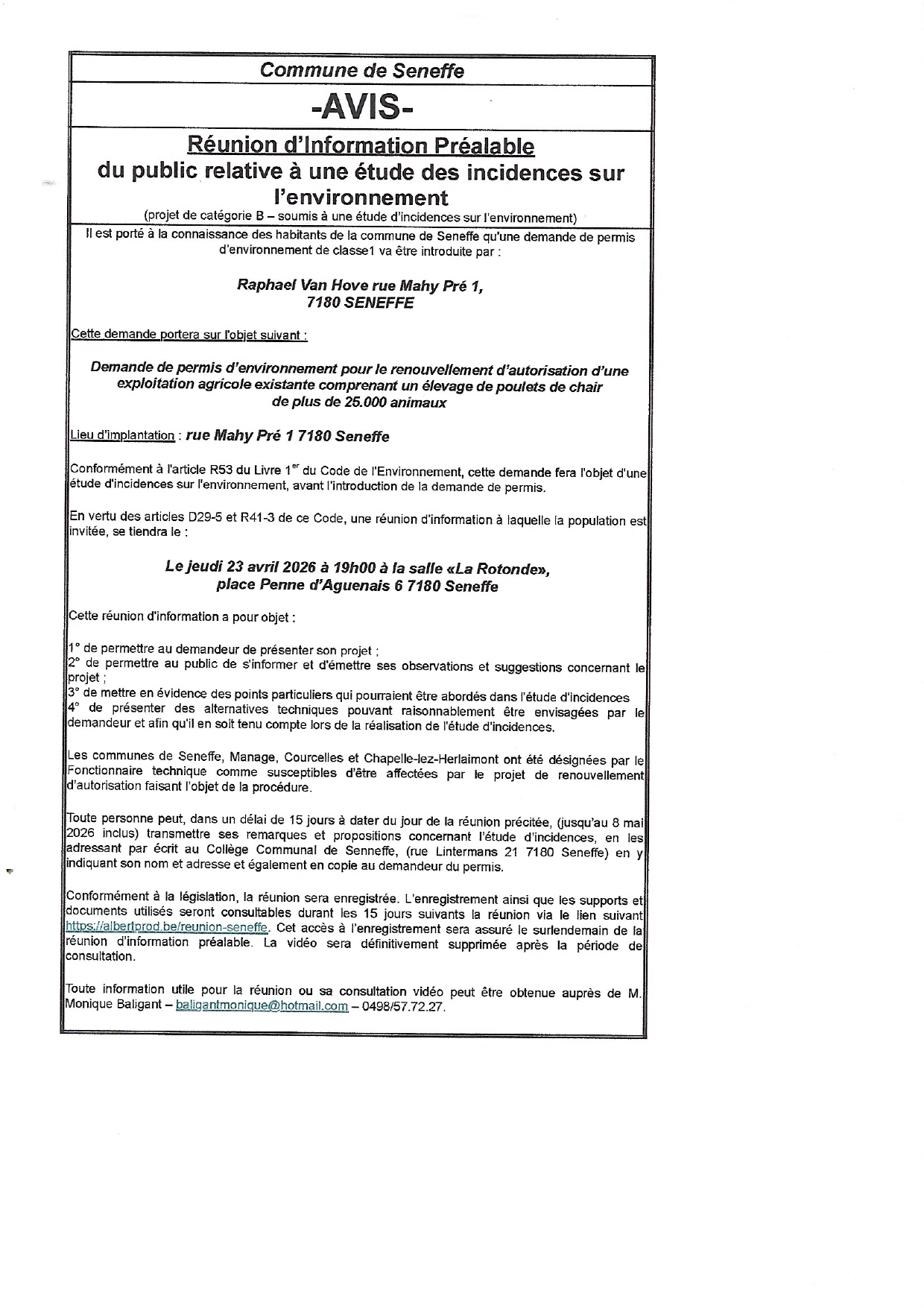 Reunion info prealable - Seneffe 23-04-26